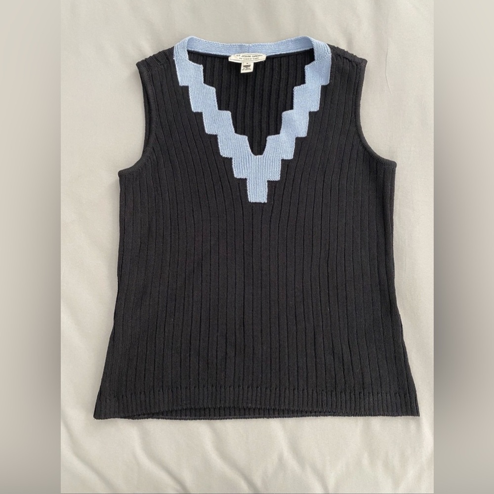 ST. John Sleeveless Knit Tank Wool Blend Blue Trim Preppy Size S